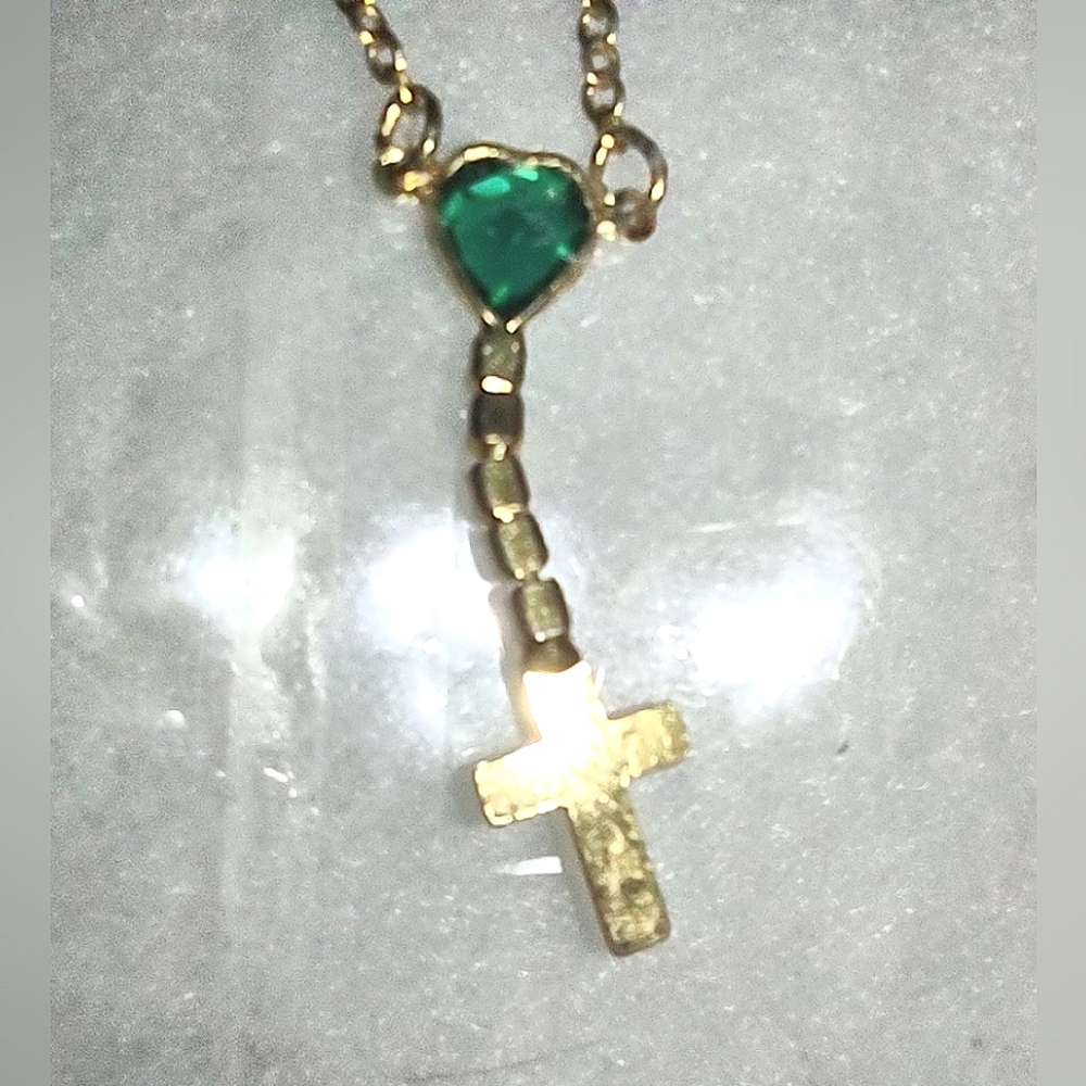 Emerald Green Heart + Connected Dangling Gold Cross Necklace - Picture 9 of 15